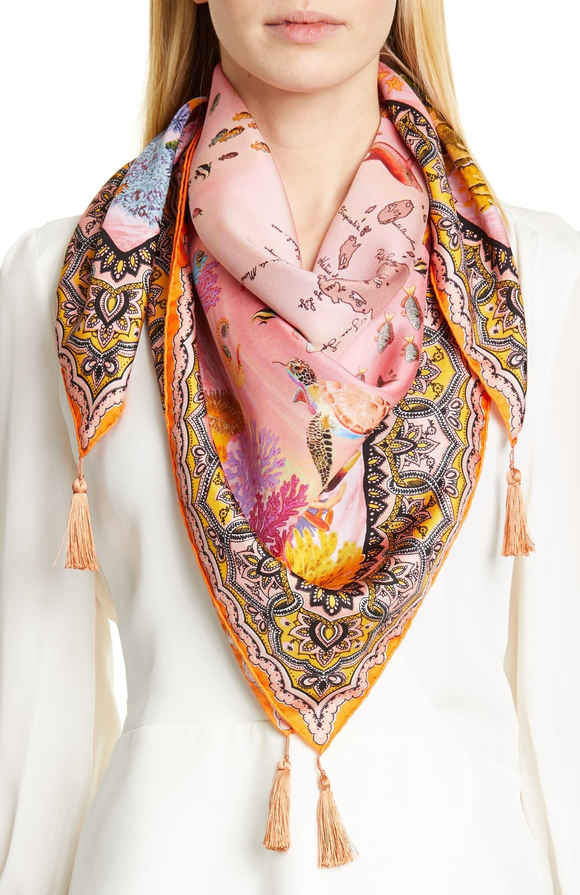 Etro Pacific Print Tassel Silk Scarf