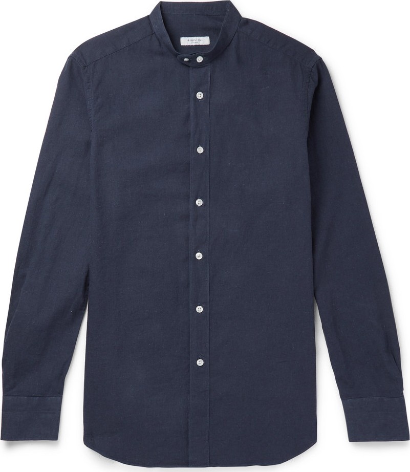 Boglioli Slim-Fit Grandad-Collar Linen and Cotton-Blend Shirt