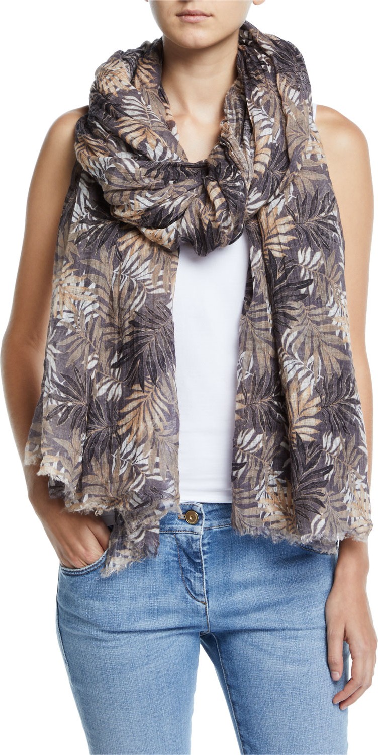 Brunello Cucinelli Leaf-Print Linen Scarf