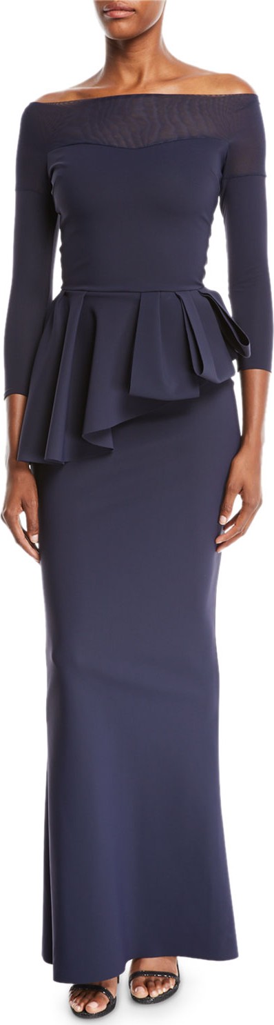 La Petite Robe di Chiara Boni Nabelle Off-the-Shoulder Illusion Gown w/ Peplum Waist