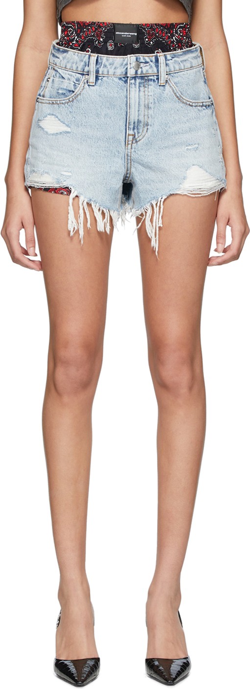 Alexander Wang Blue Denim & Silk Bite Mix Shorts