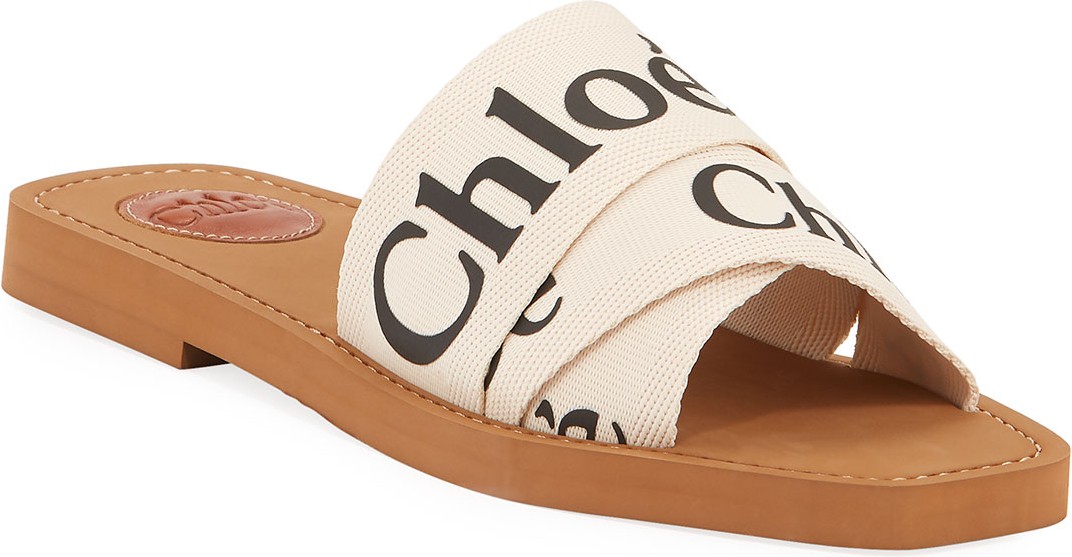 Chloe Woody Flat Logo Ribbon Slide Sandals