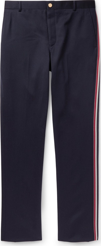 Thom Browne Navy Tapered Striped Wool and Cotton-Blend Trousers