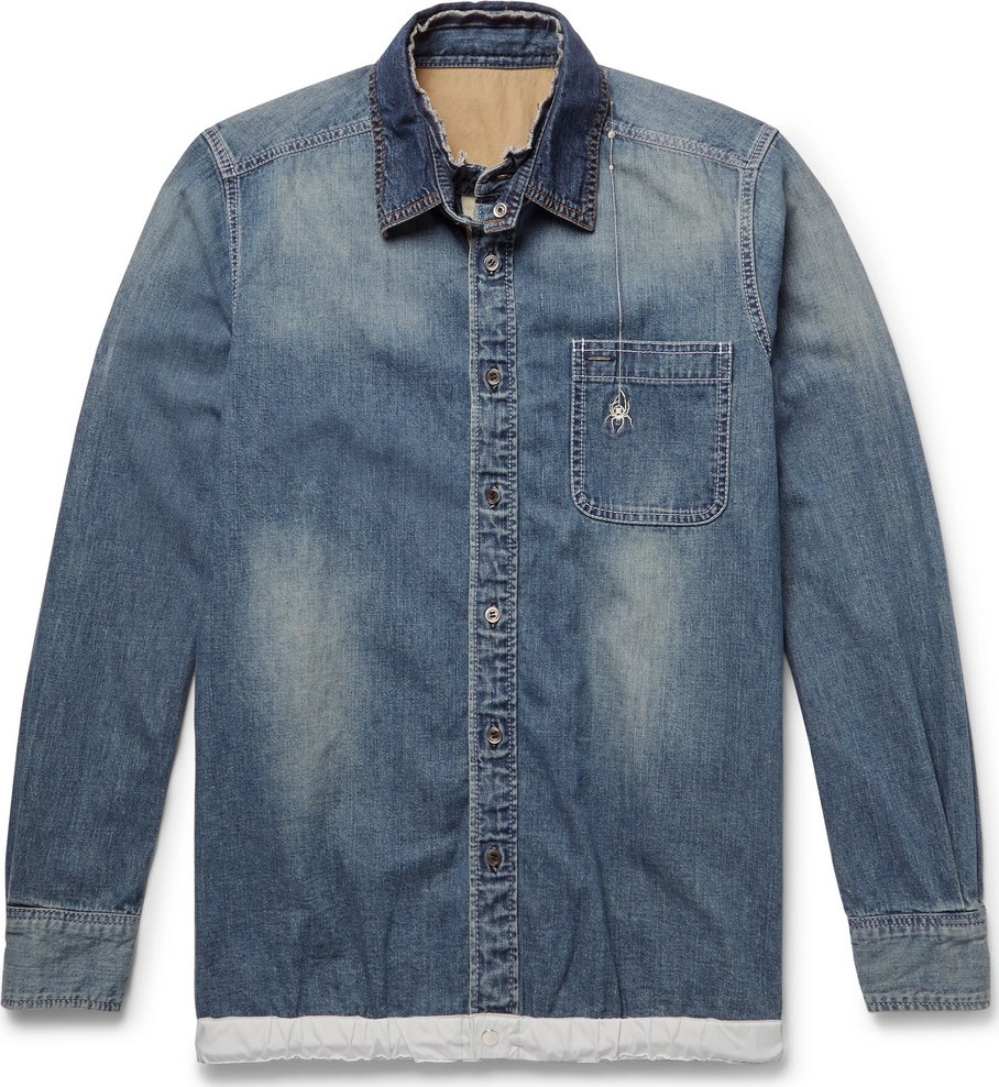 Sacai + Dr. Woo Embroidered Shell and Grosgrain-Trimmed Denim Shirt