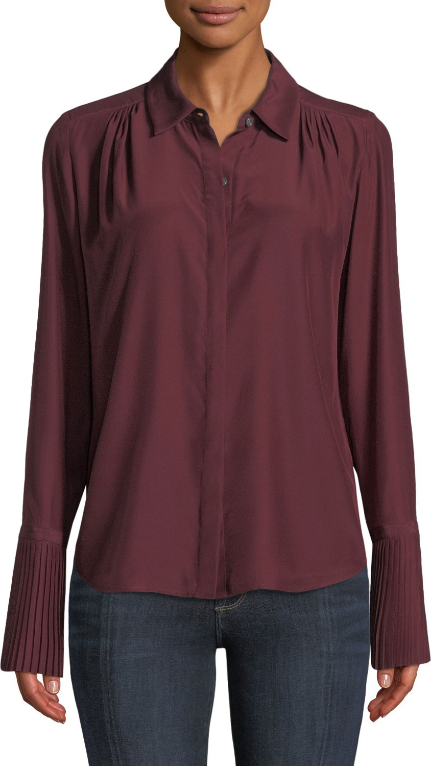 FRAME DENIM Long-Sleeve Pintuck Button-Front Silk Blouse