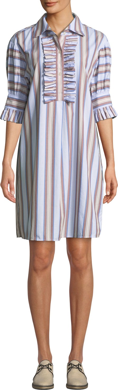 Tory Burch Striped Ruffle-Front Half-Sleeve Shirtdress