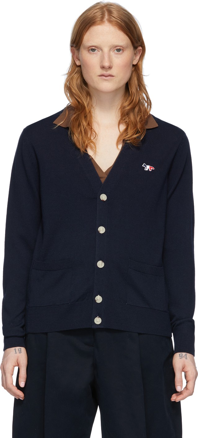 Maison Kitsune Navy Tricolor Fox Cardigan