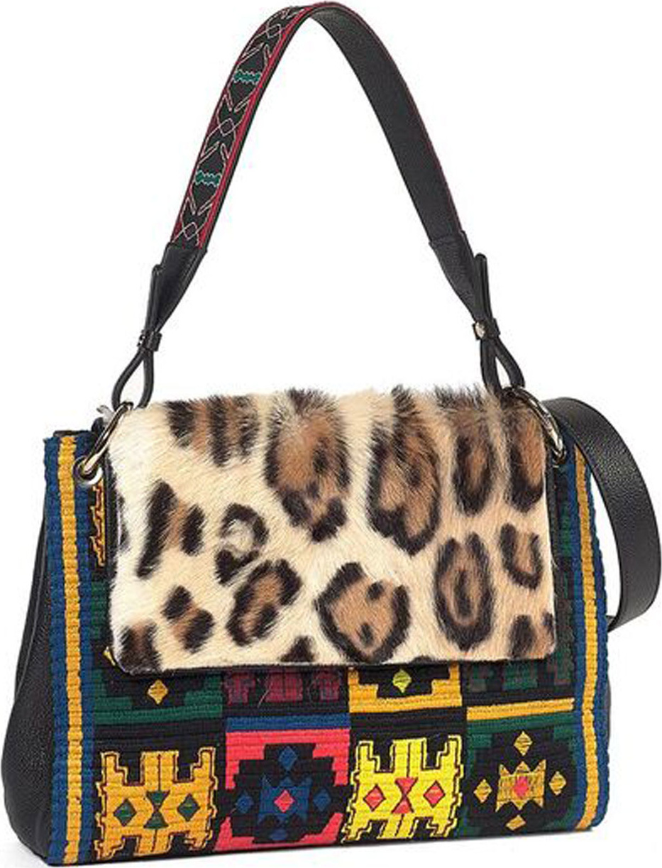Etro Leopard-Print Fur-Flap Embroidered Shoulder Bag Etro Leopard-Print Fur-Flap Embroidered Shoulder Bag
