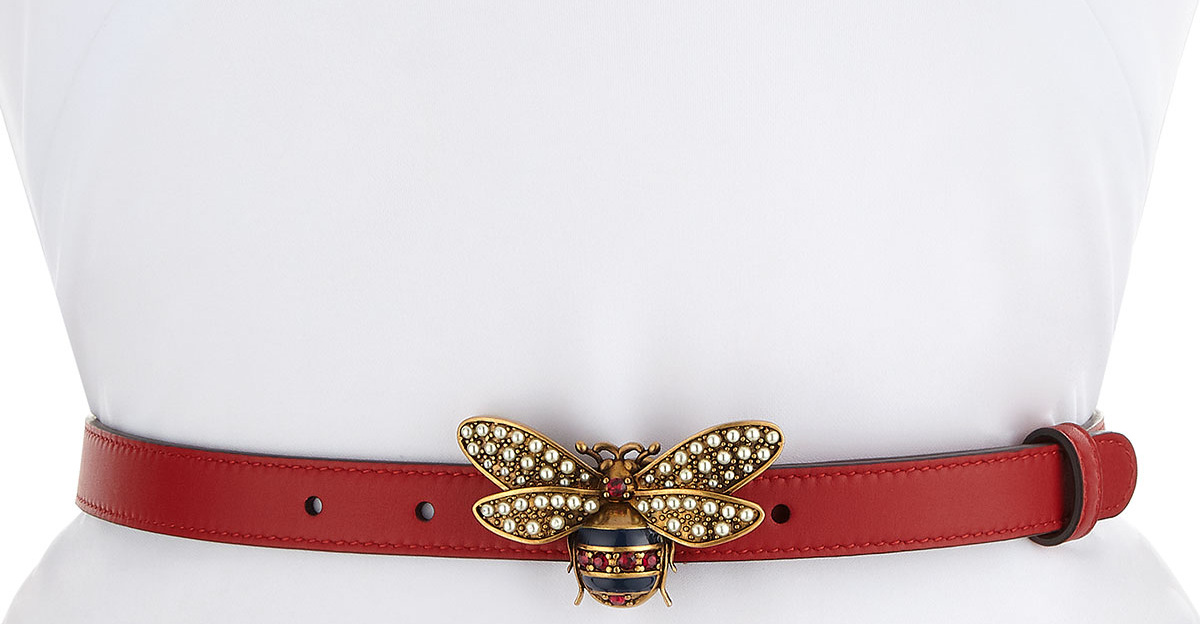 Gucci Queen Margaret Leather Belt w/ Embellished Bee Buckle