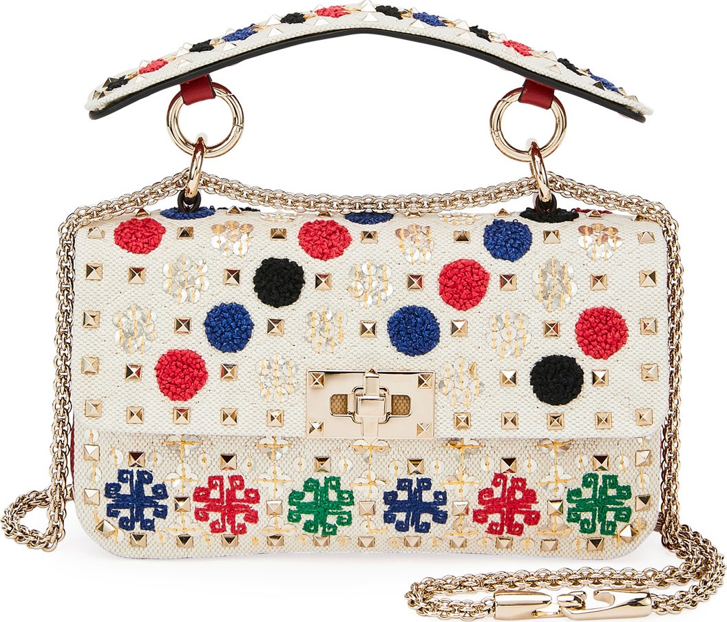 Valentino Spike.It Small Embroidered Canvas/Leather Shoulder Bag