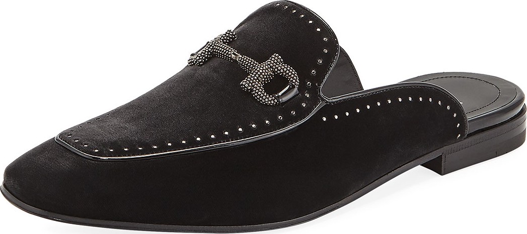 Salvatore Ferragamo Men's Bloom Studded Velvet Gancini Bit Mule, Gray