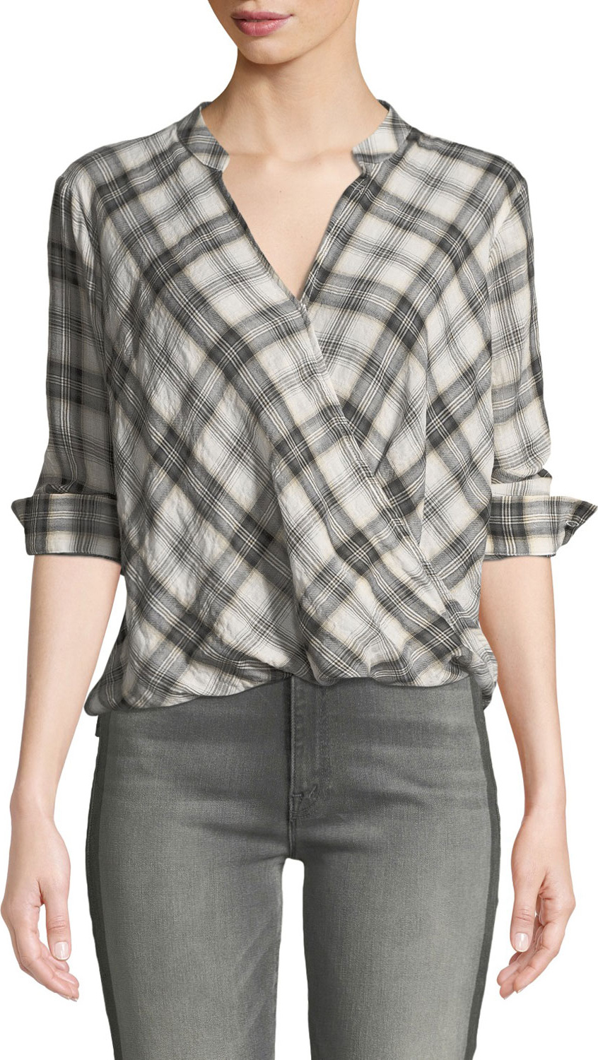 Splendid Surplice Long-Sleeve Washed-Plaid Cotton Shirt