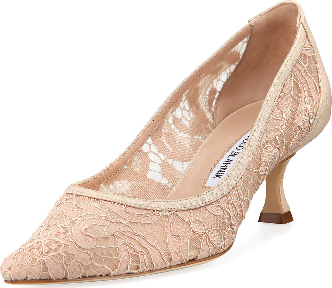 Manolo Blahnik Srila Lace Kitten-Heel Pumps