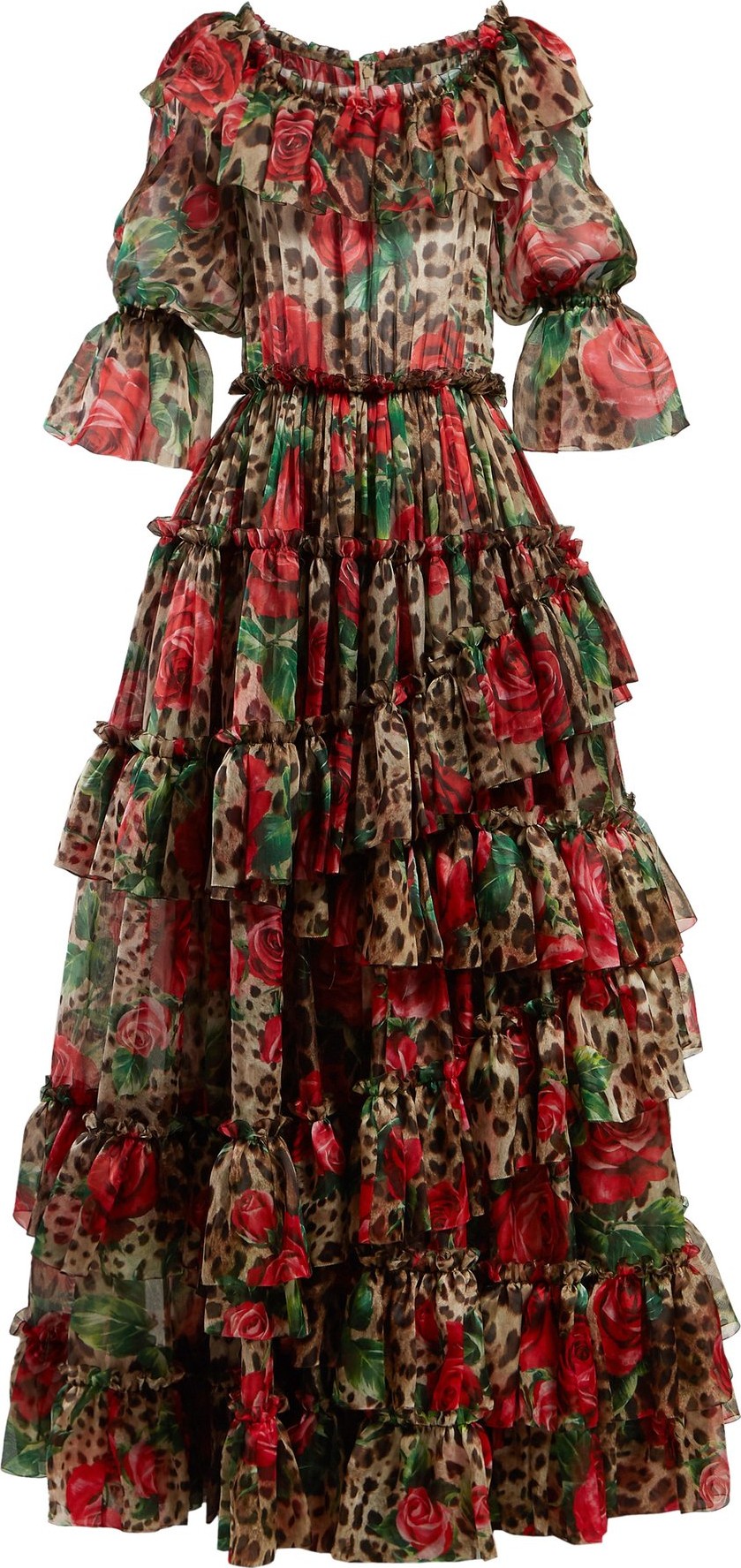 Dolce & Gabbana Tiered rose and leopard-print georgette gown
