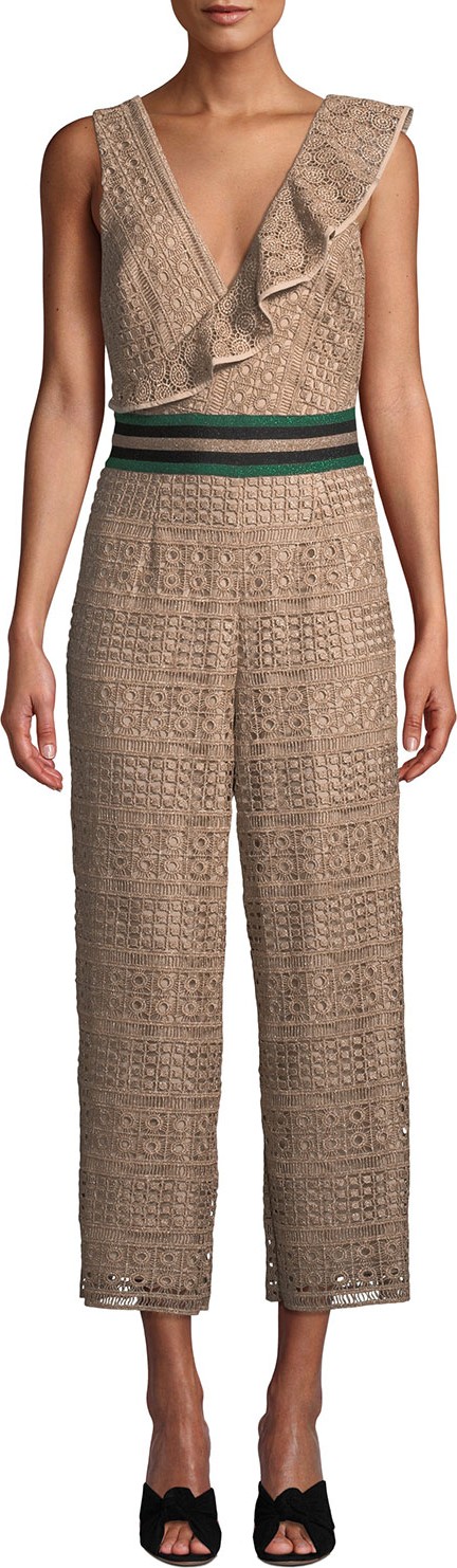 Saylor Sleeveless V-Neck Cropped Lace Jumpsuit w/ Asymmetric Ruffle Detail