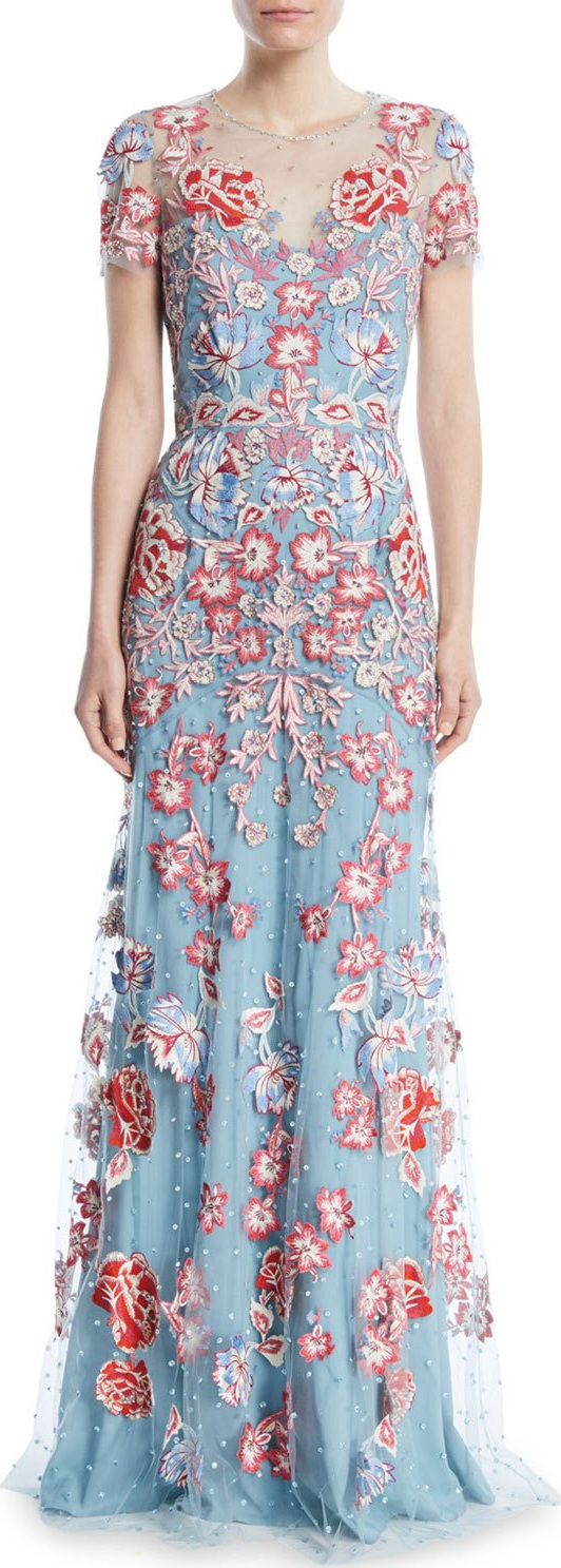 Jenny Packham Floral-Embroidered Short-Sleeve Evening Gown