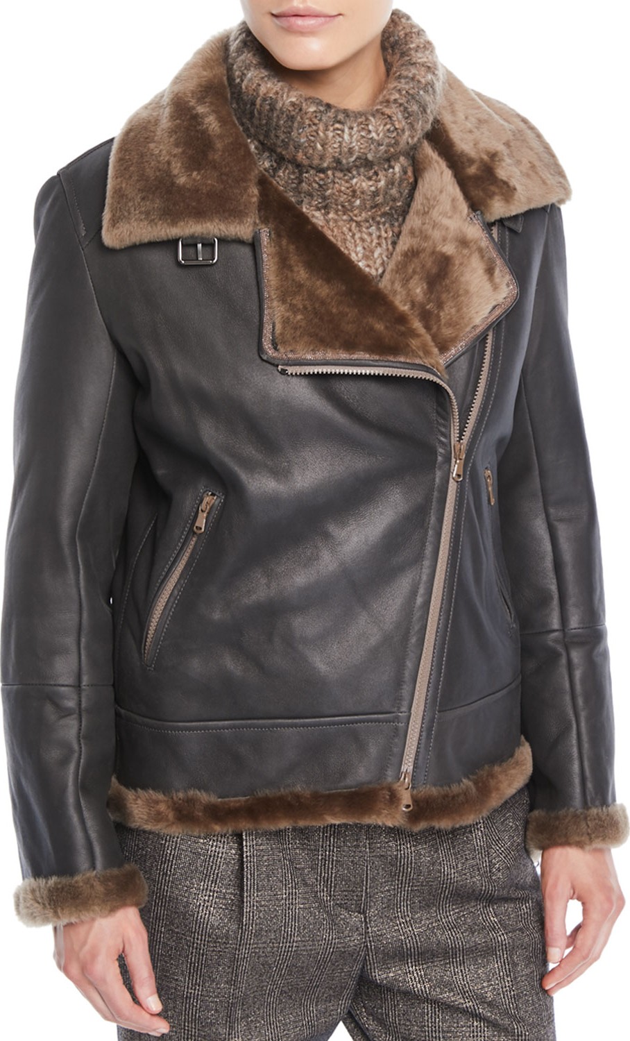 Brunello Cucinelli Zip-Front Shearling & Leather Moto Jacket w/ Monili Trim