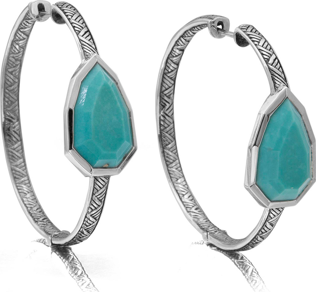 Stephen Dweck Large Silver Turquoise Pear Hoop Earrings
