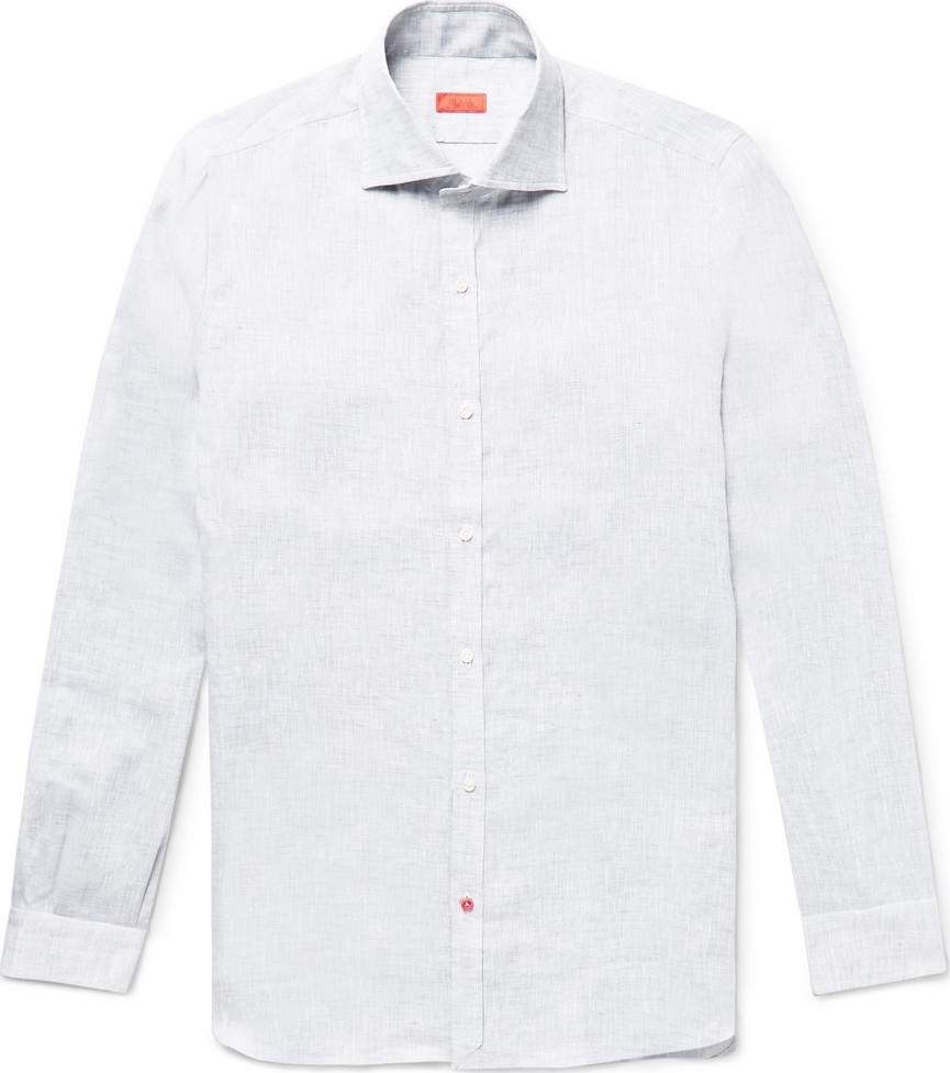Isaia Slim-Fit Satin-Trimmed Slub Linen Shirt