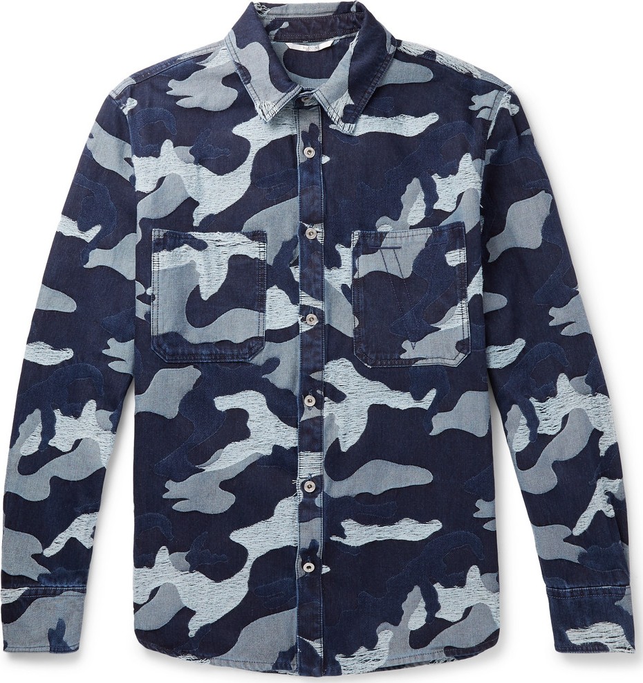 Valentino Distressed Camouflage-Jacquard Denim Overshirt