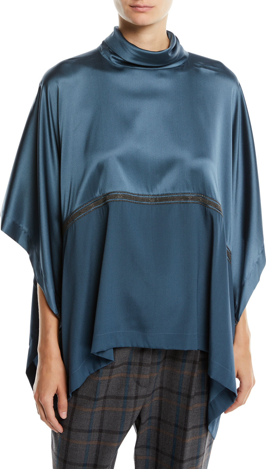 Brunello Cucinelli Bicolor Satin Turtleneck Poncho Top with Monili