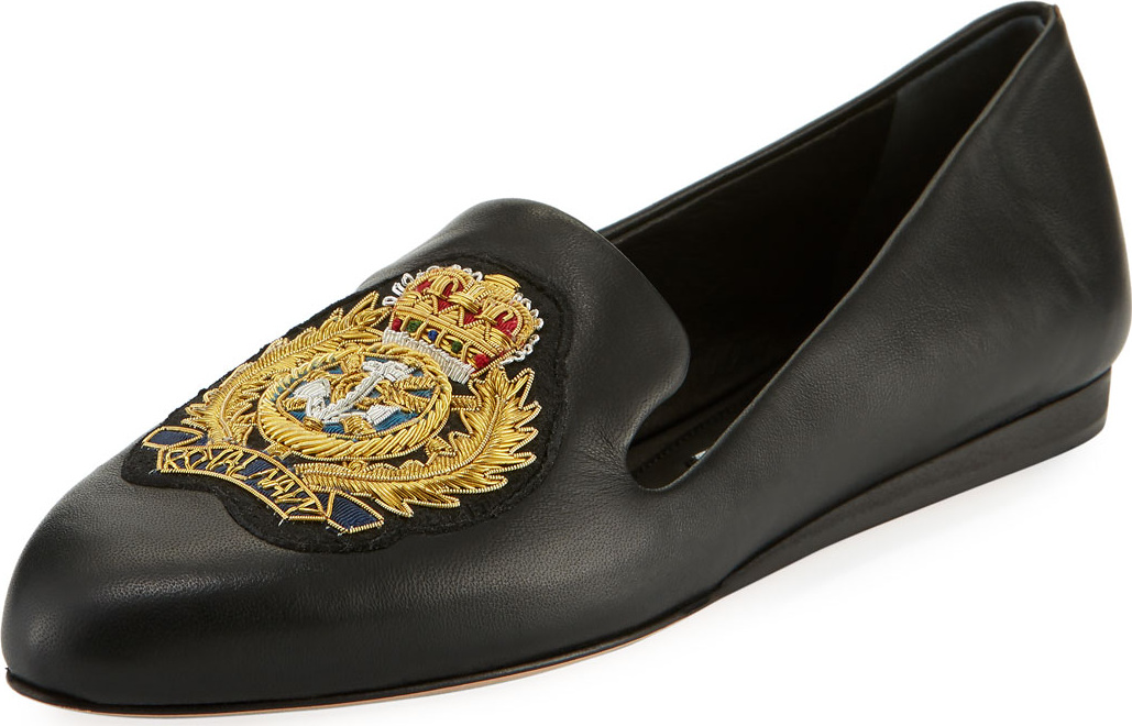 Veronica Beard Griffin Patch Flat Napa Leather Slip-On Loafers