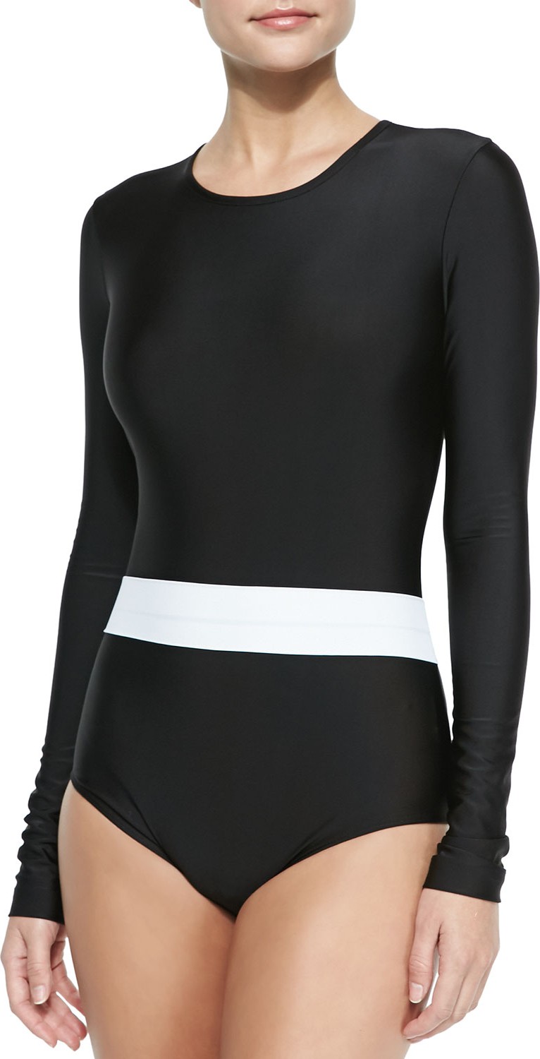 Cover Long-Sleeve One-Piece Swimsuit, Black/White
