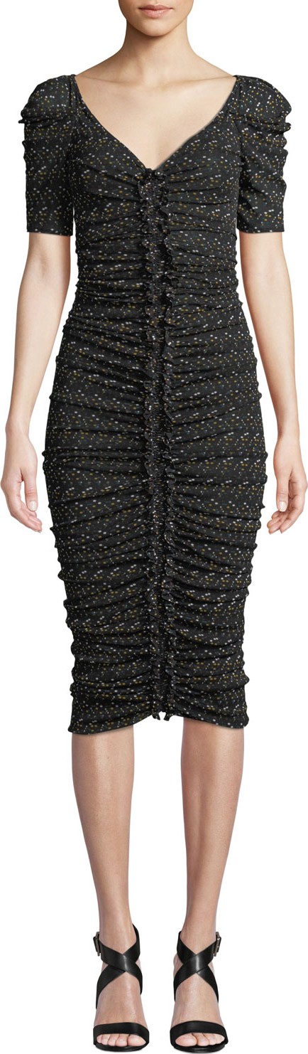 DIANE von FURSTENBERG Romana Ruched Dot-Print V-Neck Midi Cocktail Dress