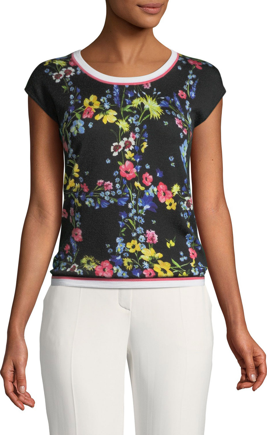Escada Floral Contrast-Trim Top
