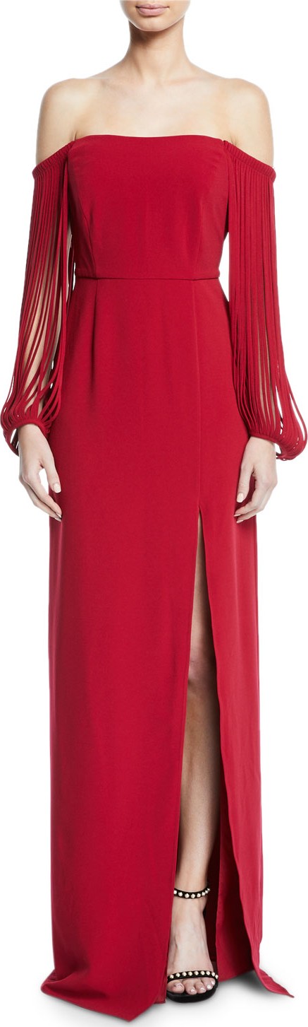 HALSTON HERITAGE Off-the-Shoulder Stripped-Sleeve Gown
