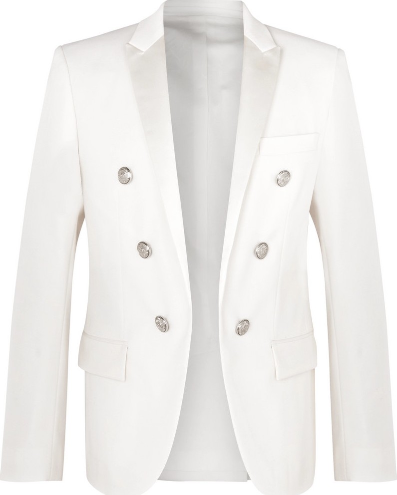 Balmain White Slim-Fit Double-Breasted Satin-Trimmed Wool Blazer