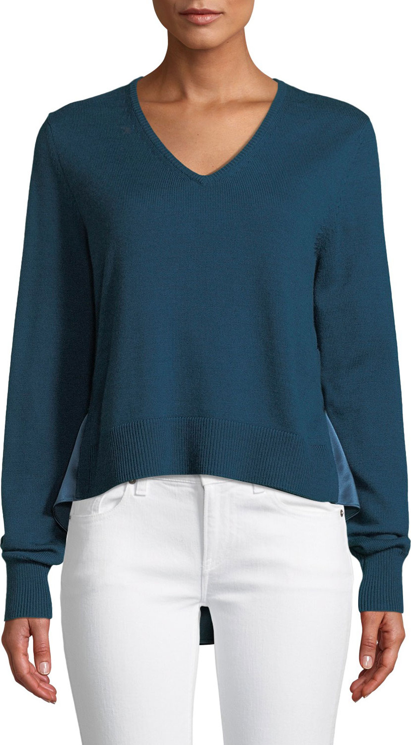 Elie Tahari Deangelo V-Neck Merino Wool Sweater w/ Contrast Back Hem