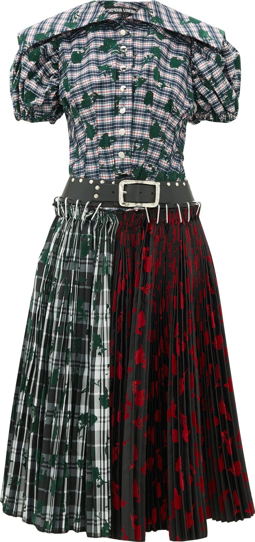 Chopova Lowena Flocked-rose tartan-print taffeta dress