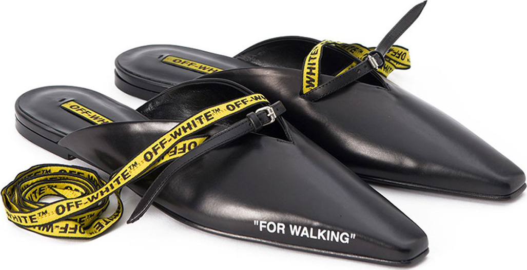 Off White For Walking Leather Mule Slide Flat, Black