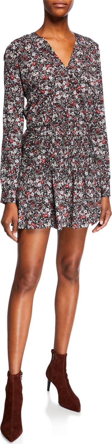 Veronica Beard Naomi V-Neck Long-Sleeve Floral-Print Mini Dress