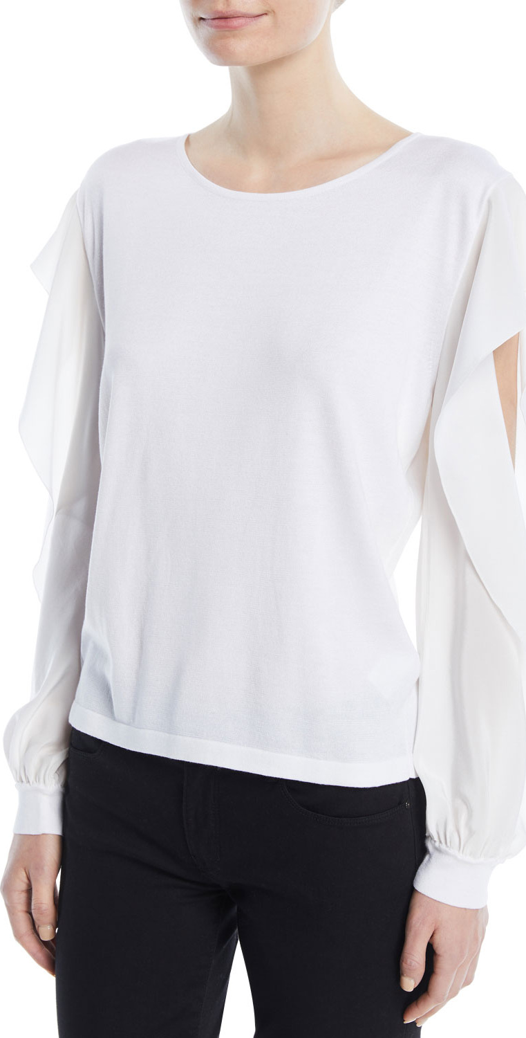 Agnona Round-Neck Ruffled Long-Sleeve Silk-Cotton Knit Top
