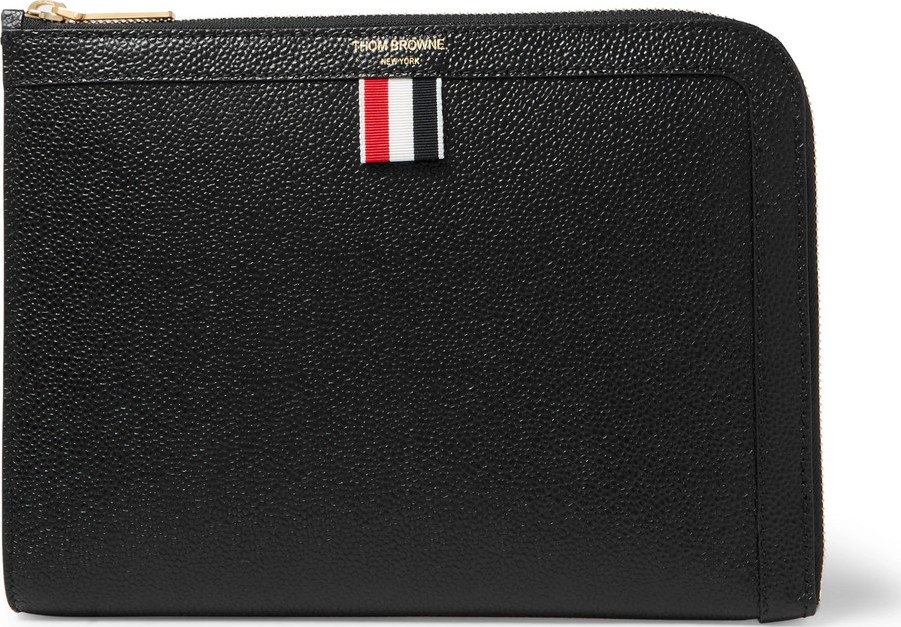 Thom Browne Grosgrain-Trimmed Pebble-Grain Leather Zip-Around Pouch