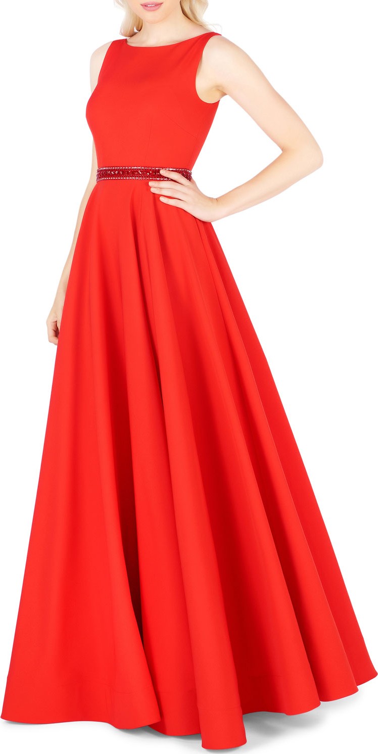 Mac Duggal High-Neck Sleeveless Pleated A-Line Gown w/ Beaded Waist