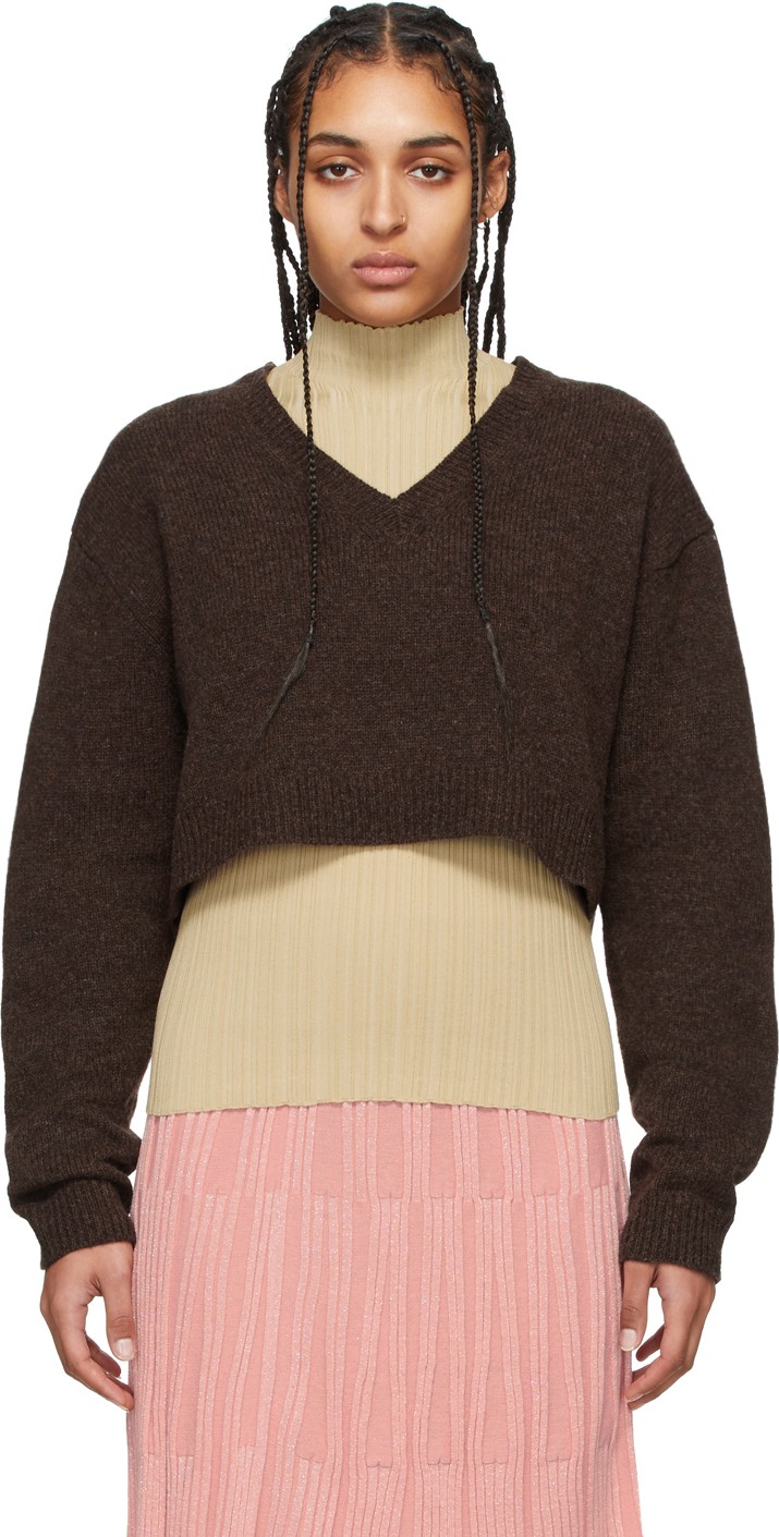 Acne Studios Brown Wool Cropped V-Neck Kadienne Sweater