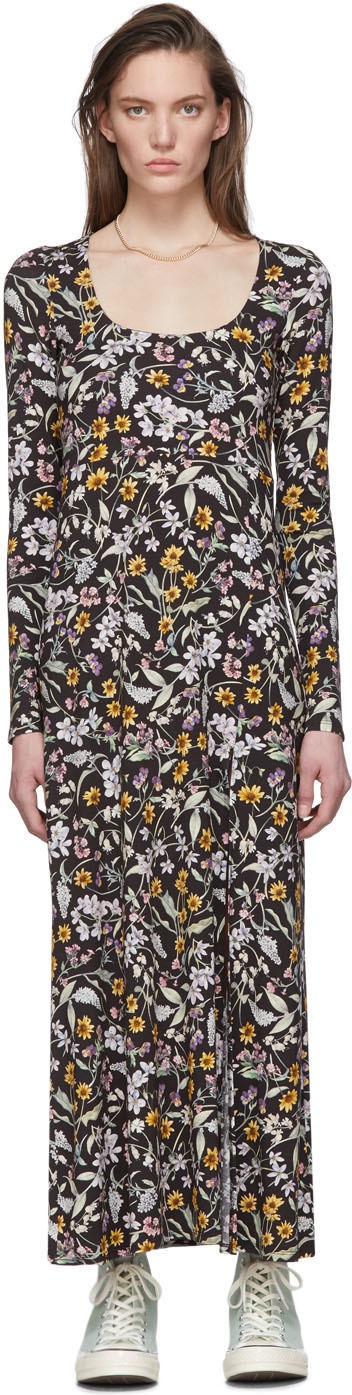 Les Rêveries Black Floral Slit Dress