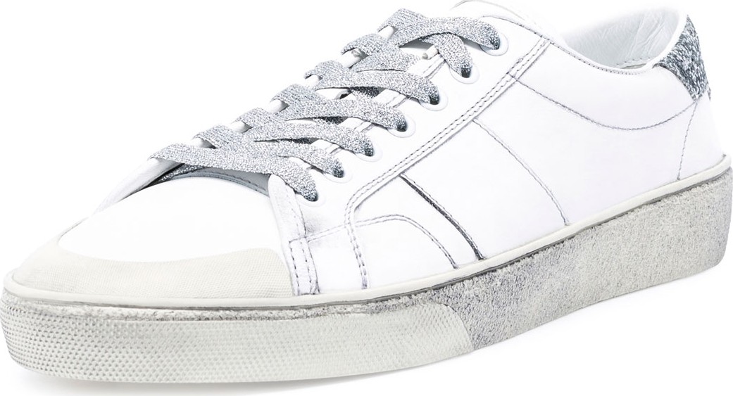 Saint Laurent Men's SL/37 Distressed Low-Top Sneakers, White/Silver