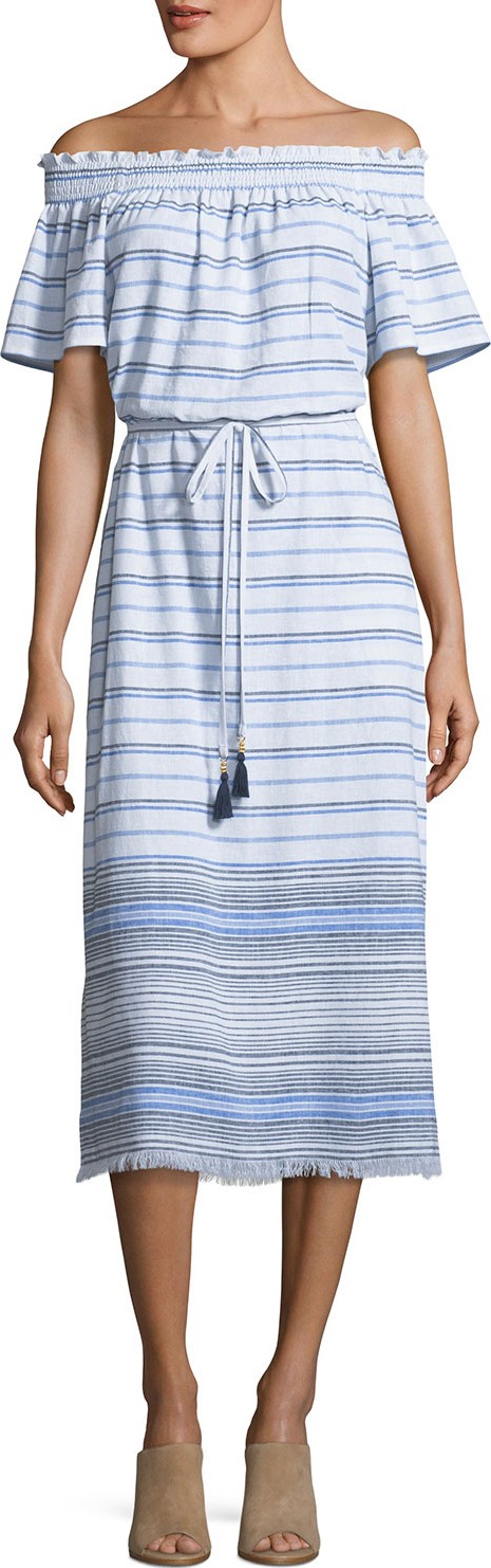 Tommy Bahama Off-the-Shoulder Striped Linen Midi Dress with Frayed Hem