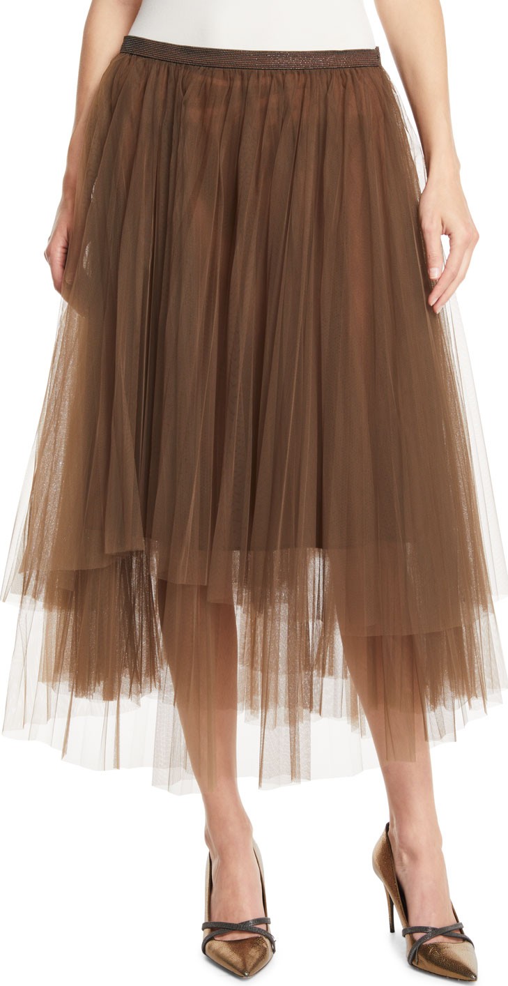Brunello Cucinelli Monili-Waistband Pleated Tulle Midi Skirt