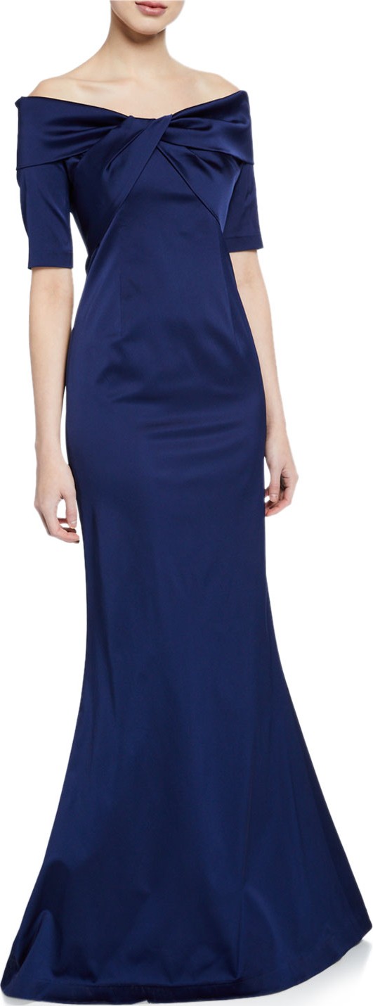 Rickie Freeman for Teri Jon Off-the-Shoulder Elbow-Sleeve Stretch Satin Mermaid Gown w/ Twist Detail