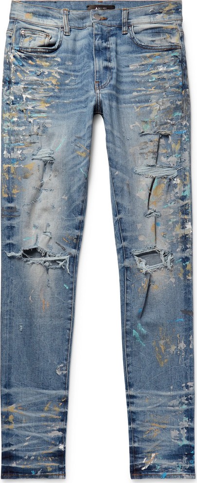 Amiri Skinny-Fit Distressed Paint-Splattered Stretch-Denim Jeans