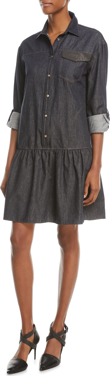 Brunello Cucinelli Drop-Waist Button-Front Denim Dress w/ Monili Pocket