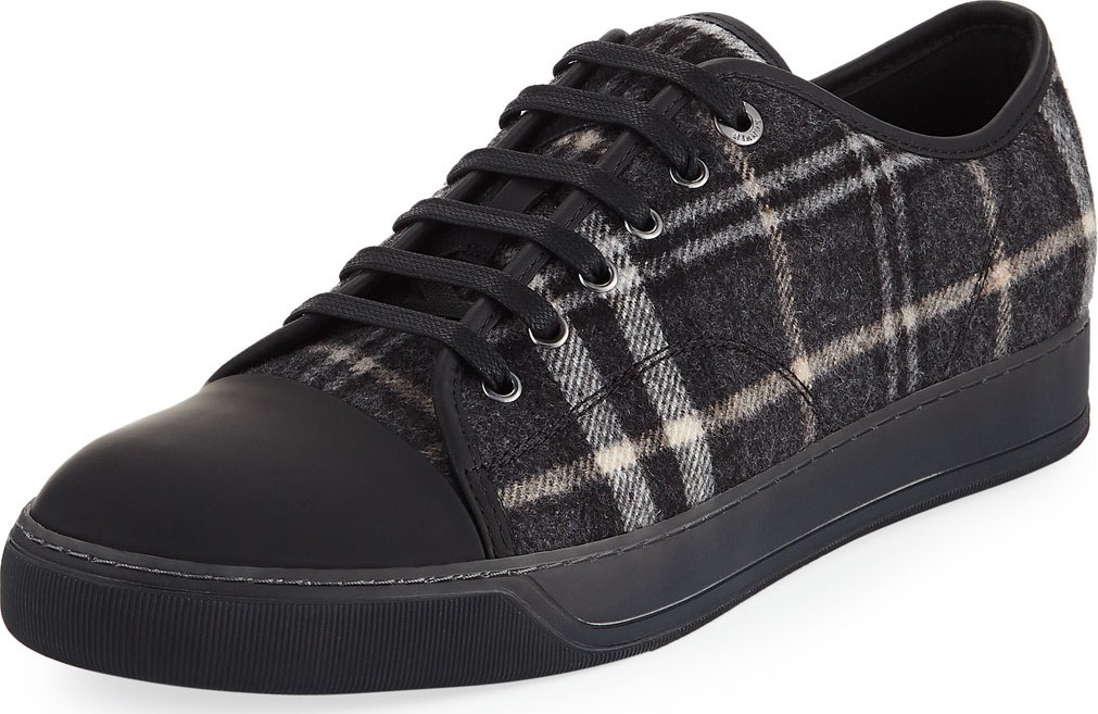 Lanvin Men's Cap-Toe Felt Check Low-Top Sneakers