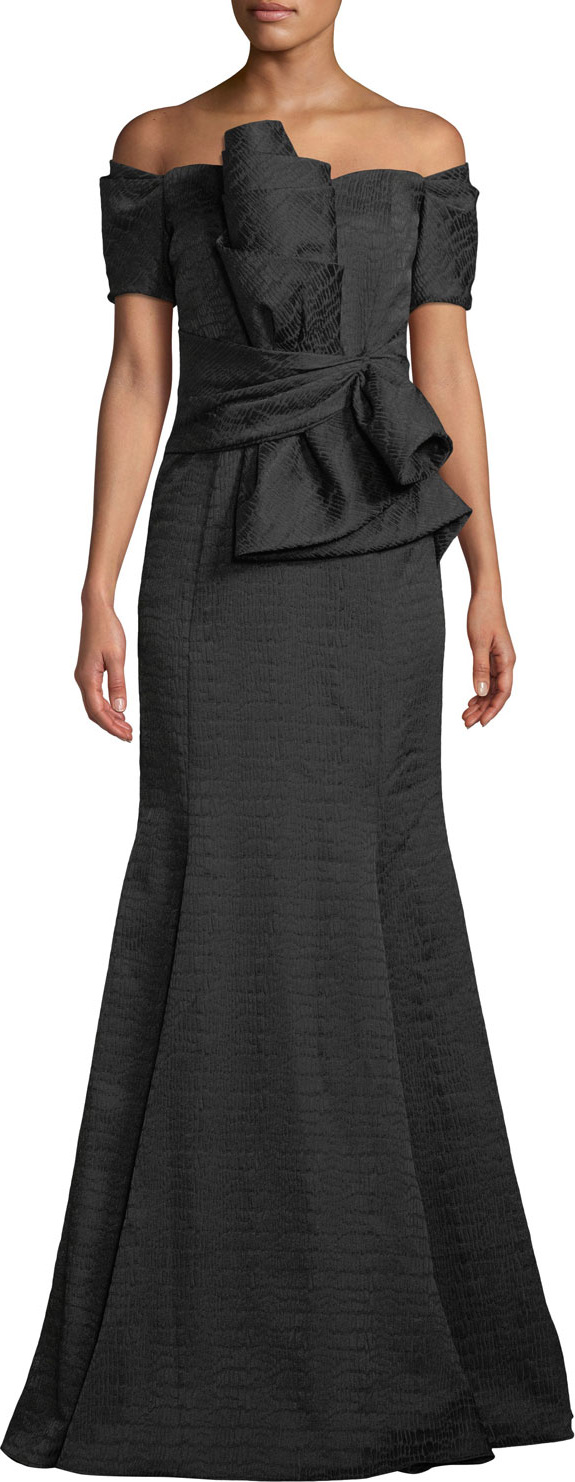 Badgley Mischka Off-the-Shoulder Textured-Twist Trumpet Gown