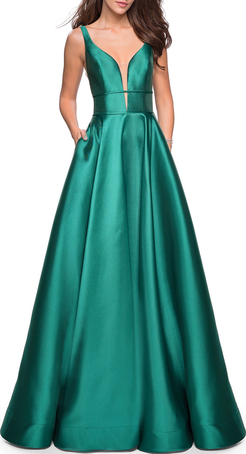 La Femme Plunge-Neck Sleeveless Mikado Ball Gown