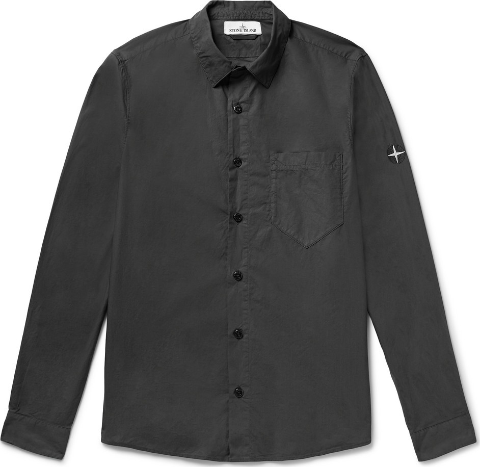 Stone Island Logo-Embroidered Garment-Dyed Cotton-Poplin Shirt